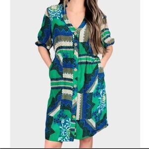 Anthro Moulinette Soeurs Rainforst Morning Silk Mixed Print Dress 4 Boho Femme